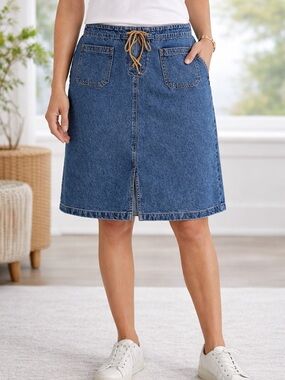 COVINGTON Denim Skirt Blue Lace-Up Front 100% Cotton Knee Length Skirt Size 18